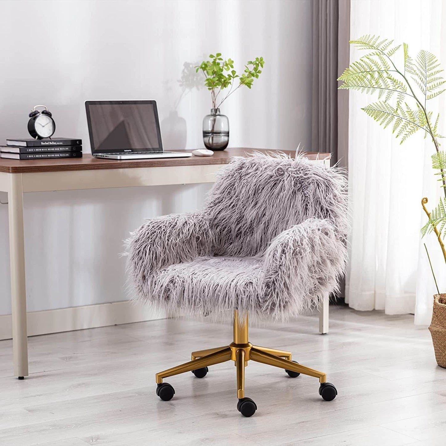 Gray Faux Fur Swivel Chair for Home Office - Loft&Timber