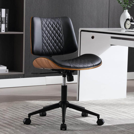 Home Office Chair No Arms with Wheels, Adjustable Height Small Desk Chair, PU Leather Mid Back 360 Swivel Computer Chair, Armless Modern Walnut Chair for Office, Reading Meeting Room(Black)-0