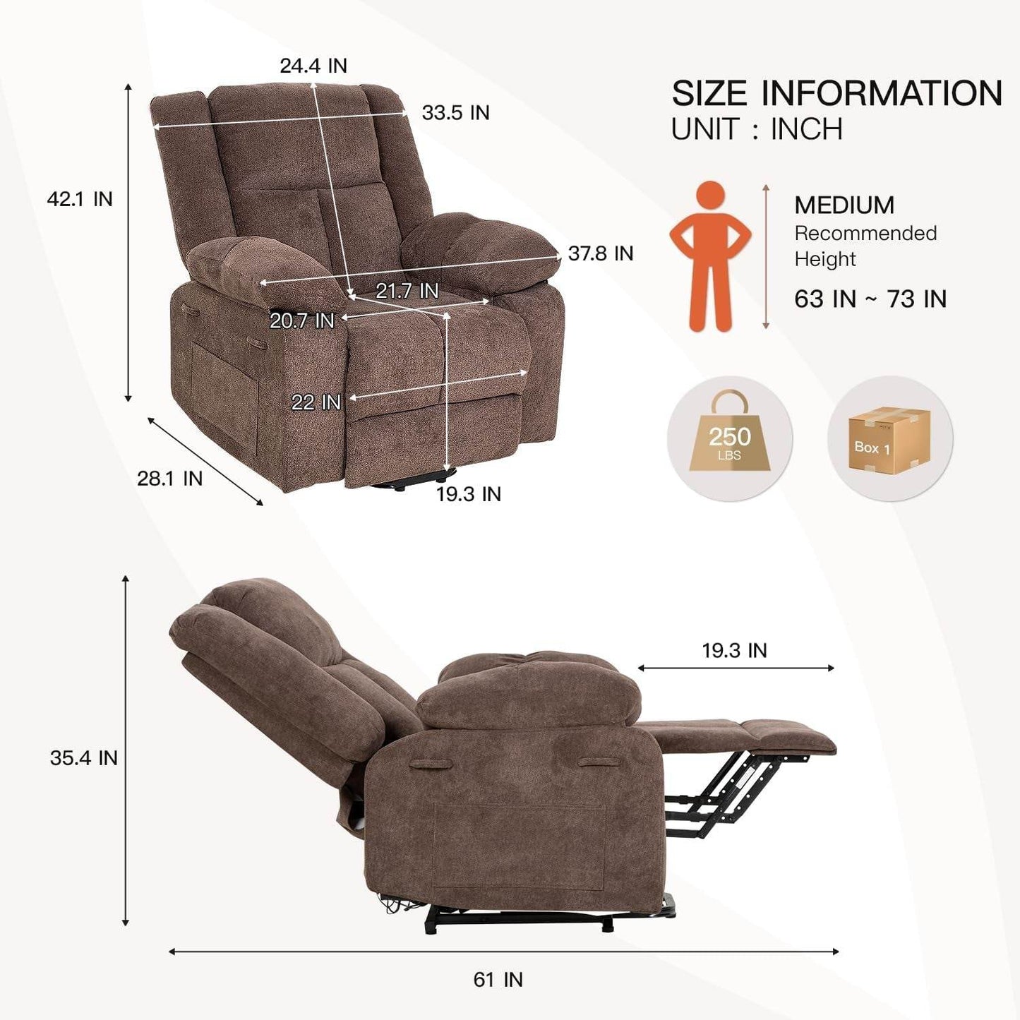 Electric Power Lift Recliner Chair with Massage and Heat, Standing Assistance for Elderly People, Extended Footrest Chair for Living Room Comfy Overstuffed Recliner - Loft&Timber