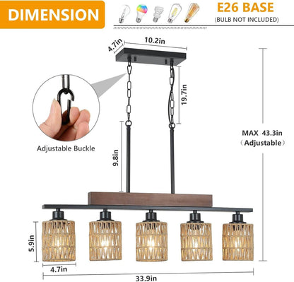 Boho Rattan Farmhouse Chandeliers, Rustic Wood and black - Loft&Timber