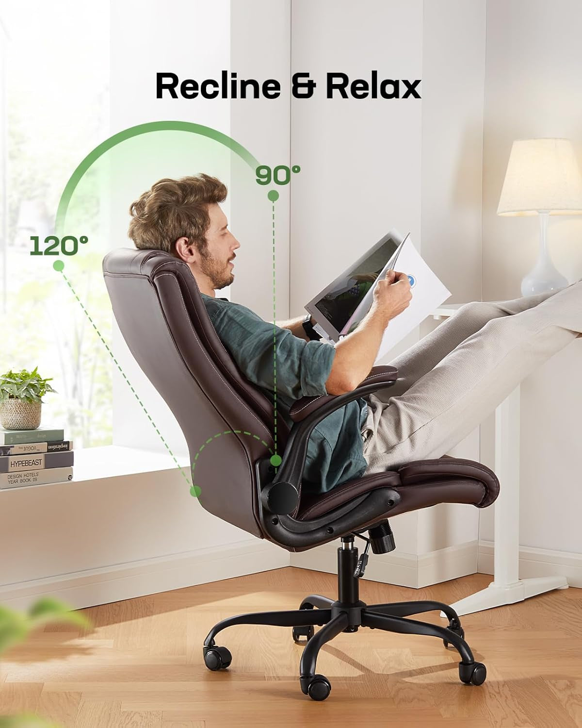 Executive Office Chair with Flip-Up Armrests,Pu Leather Ergonomic Desk Chair Height-Adjustable Swivel Rolling Computer Desk Chair-4