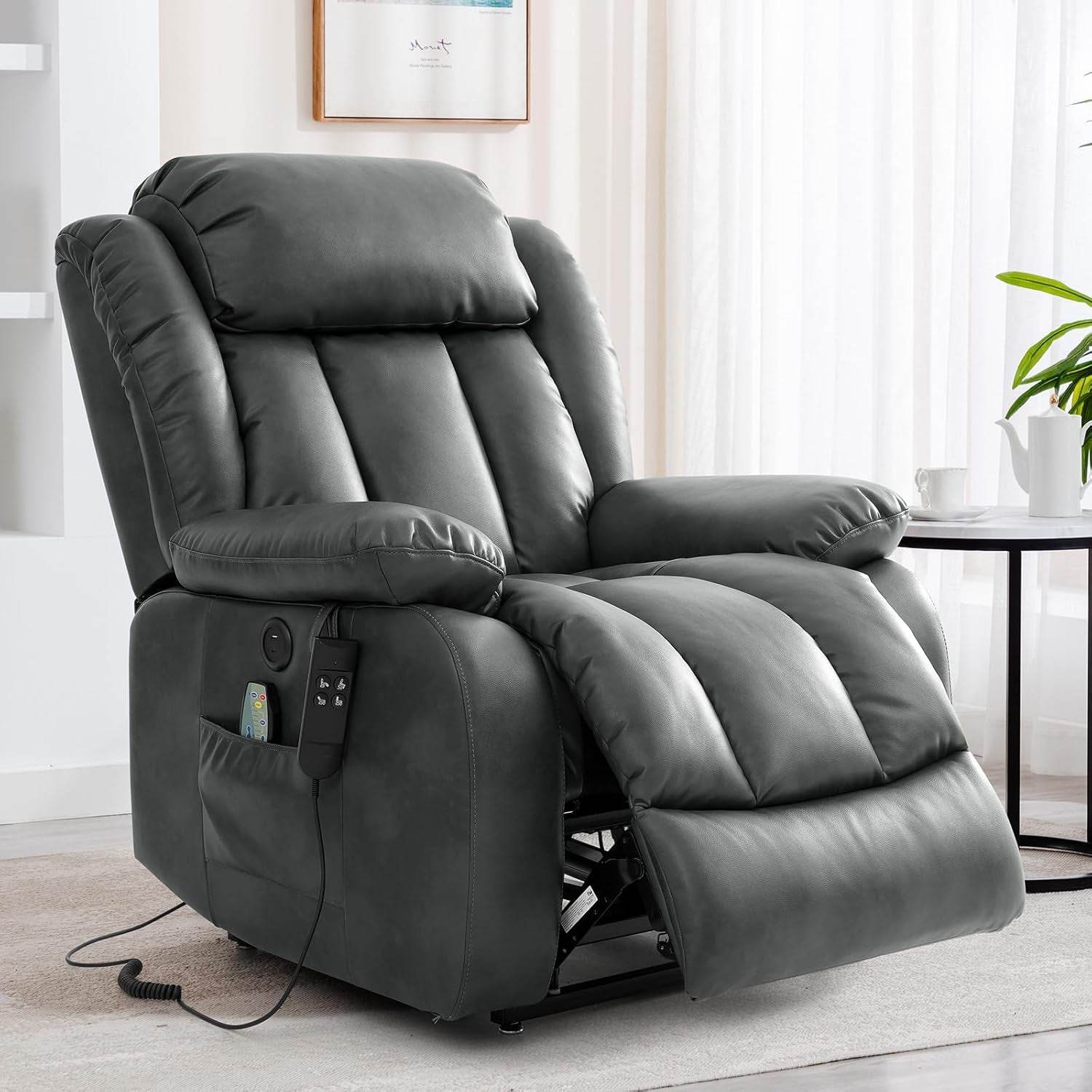 Dual Motor Large Power Lift Recliner Chair Recliners for Elderly, Infinite Position Recliner Chair with Heat and Massage, Breathable Leather(Gray) - Loft&Timber