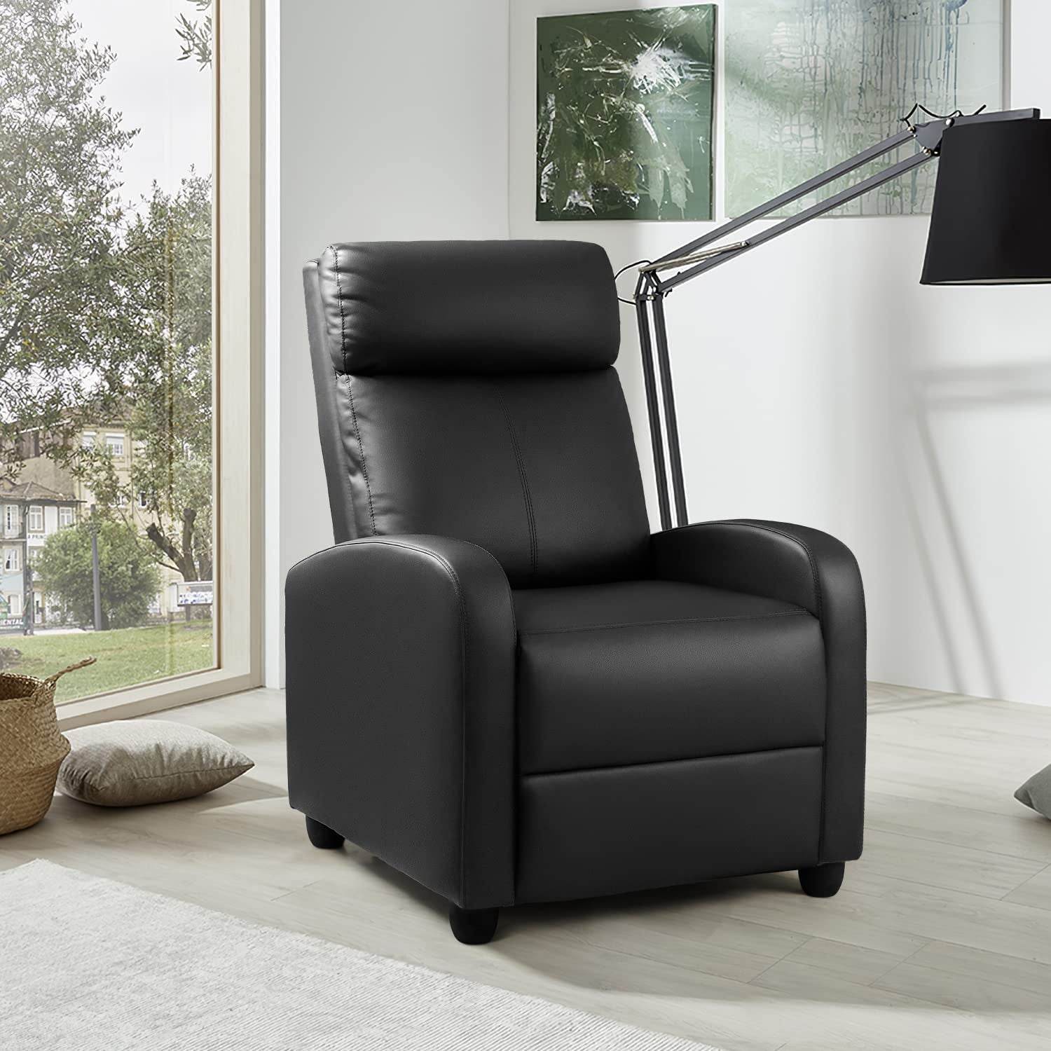 Black PU Leather Recliner Sofa with Thick Cushion - Loft&Timber