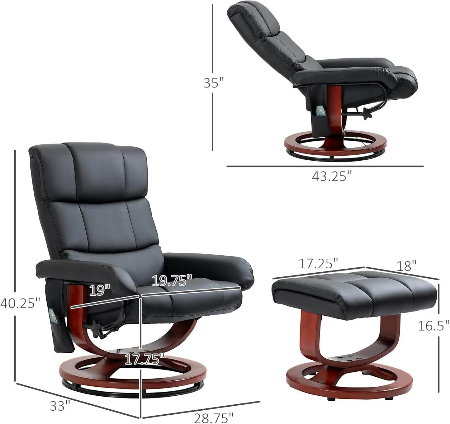 Massage Recliner Chair with Ottoman, Swivel Recliner and Footrest, Faux Leather Reclining Chair with Remote Control and Side Pocket, Black - Loft&Timber