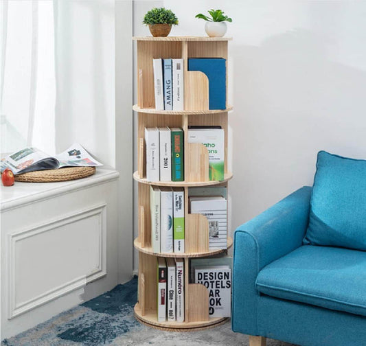 Rotating Bookshelf 360 Display 4 Tier Floor Standing Bookcase Storage Rack for Kids&Adults Solid Wood Bookshelf Organizer-0