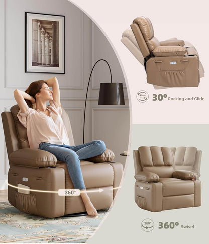 Oversized Electric Recliner Chair - 360° Rocker Swivel Recliner with Heat and Massage, PU Leather Large Recliner for Adults, Comfortable Lazy with 1.5X Sponge Filling for Living Room - Loft&Timber