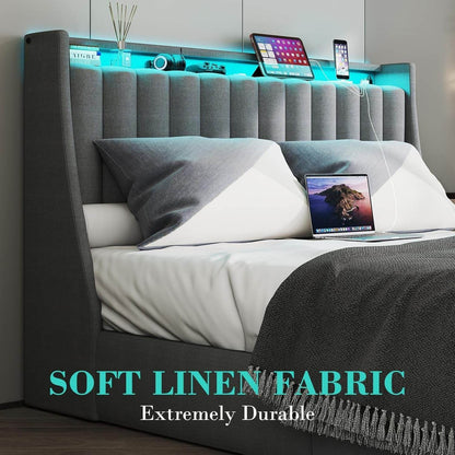 Queen Bed Frame with 2 Storage Drawers, Platform Bed Frame Queen Size with LED Light in Gray - Loft&Timber