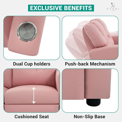 Suri Kids Recliner Loveseat – Spacious Toddler Recliner Chair Ages 3-5 with Cup Holders, Push-Back Function, and Adjustable Footrest - Pink-3
