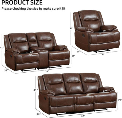 Genuine Leather Manual Recliner Sofa Set, Recliner Chair, Loveseat Reclining Sofa and 3 Seat Recliner Sofa, Couch Furniture Set for Living Room, Meeting Room, Brown(Recliner+Loveseat+Sofa) - Loft&Timber
