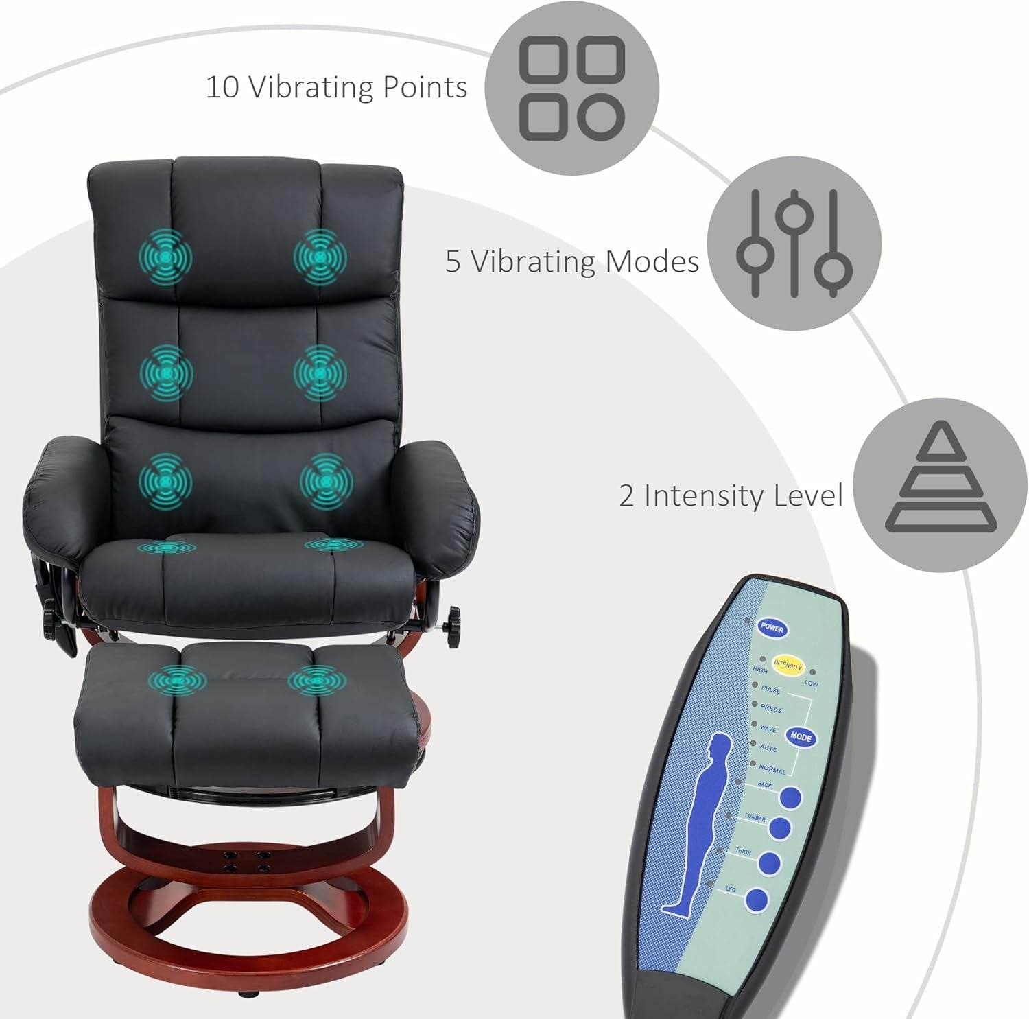 Massage Recliner Chair with Ottoman, Swivel Recliner and Footrest, Faux Leather Reclining Chair with Remote Control and Side Pocket, Black - Loft&Timber