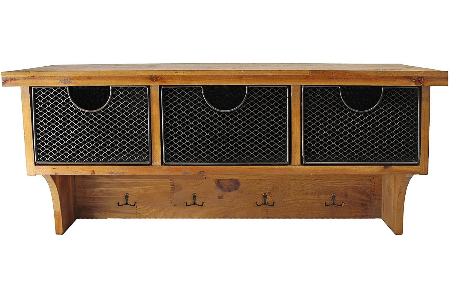 Brown Rustic Wooden Wall Shelf With 3 Drawers And Hooks - Loft&Timber