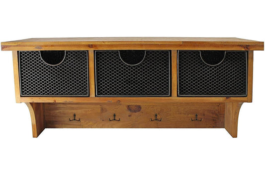 Brown Rustic Wooden Wall Shelf With 3 Drawers And Hooks - Loft&Timber