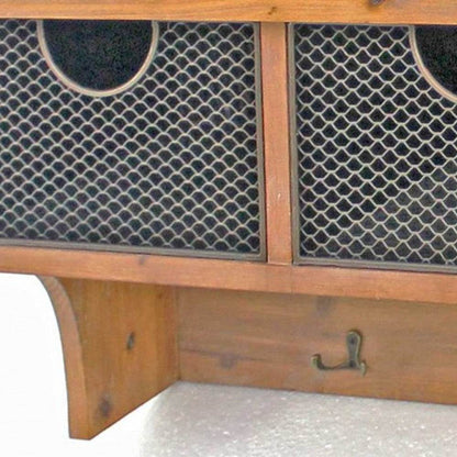 Brown Rustic Wooden Wall Shelf With 3 Drawers And Hooks - Loft&Timber
