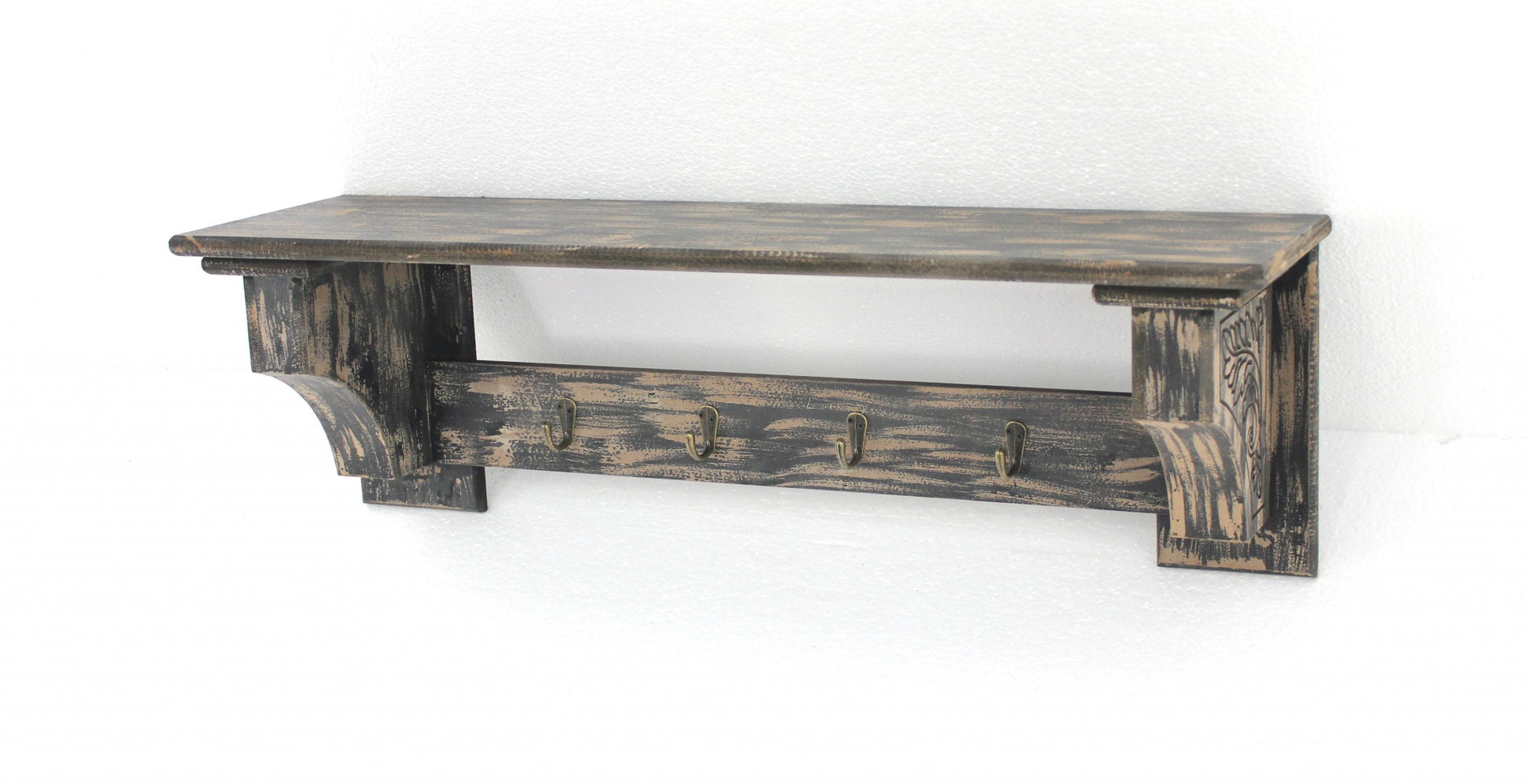 30" Black Distressed Wood Four Hook Wall Mounted Hanging Coat Rack-2