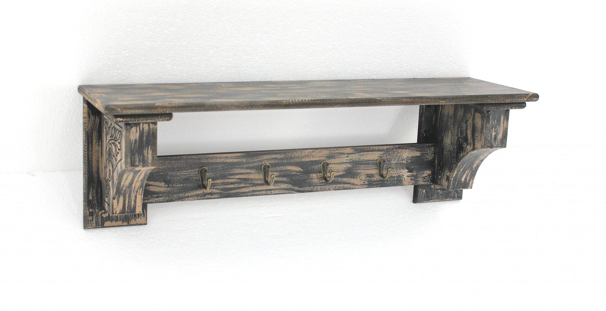 30" Black Distressed Wood Four Hook Wall Mounted Hanging Coat Rack-3