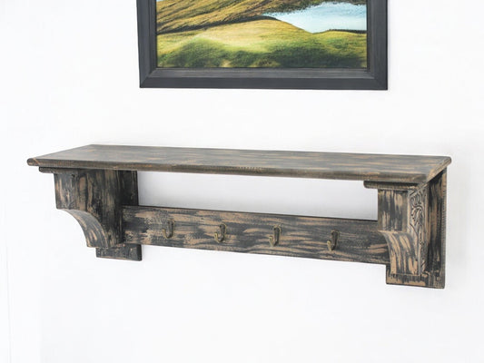 30" Black Distressed Wood Four Hook Wall Mounted Hanging Coat Rack-0