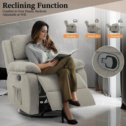 Recliner Chair, 360 Swivel Rocker Chair for Adults, Small Rocking Recliner Chair for Small Spaces, Upholstered Fabric Glider Recliner Nursery Chair with Side Pockets for Living Room, Nursery - Loft&Timber