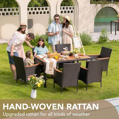 Dining 7 PCS Furniture, Patio Conversation Set with Acacia Wood Table Top, Rattan Outdoor, Black - Loft&Timber