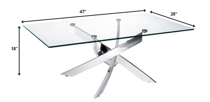 47" Clear and Silver Glass And Steel Cross Legs Coffee Table - Loft&Timber