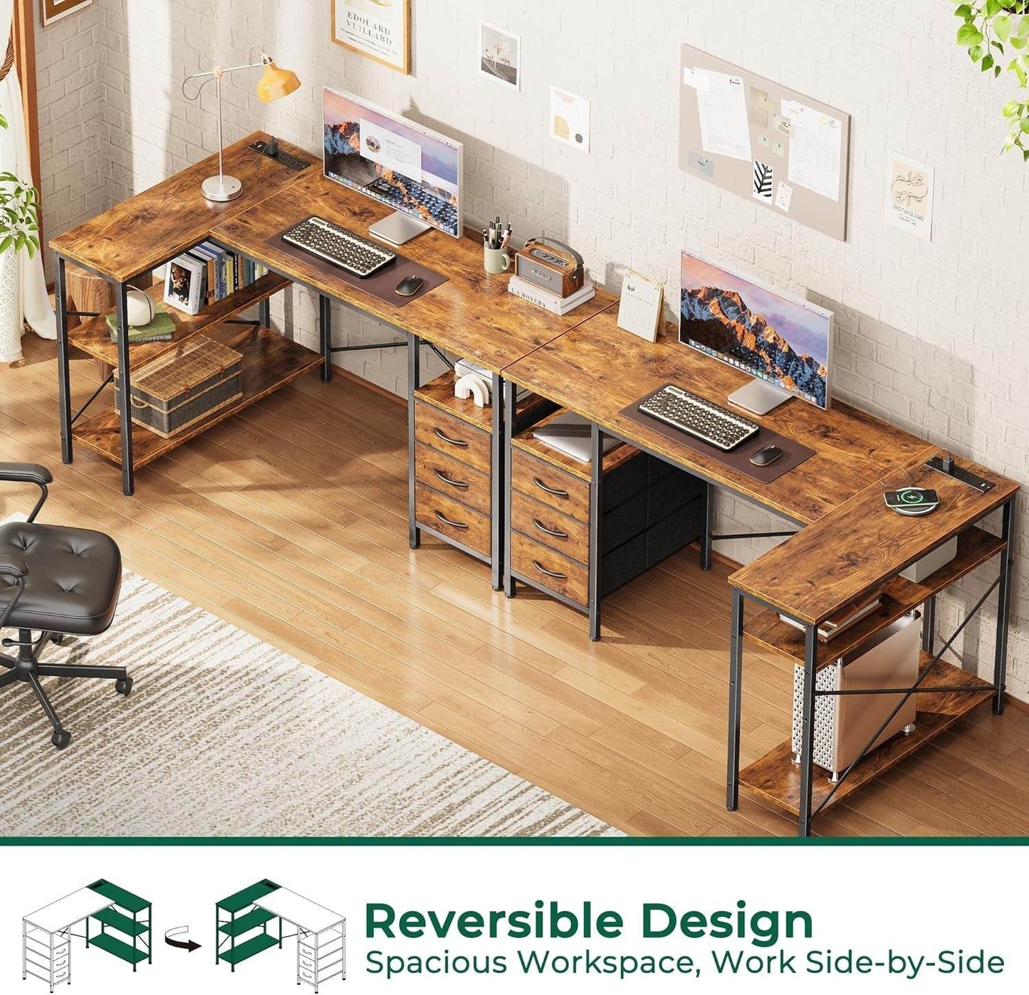 L Shaped Desk with Power Outlets in Rustic Brown - Loft&Timber