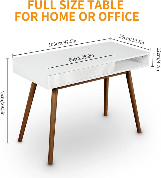 White Writing Desk with Drawers Mid Century Modern Desk, Wood Office Desk Computer Desk Vanity Desk for Small Space, White Desk with Walnut Legs - Loft&Timber