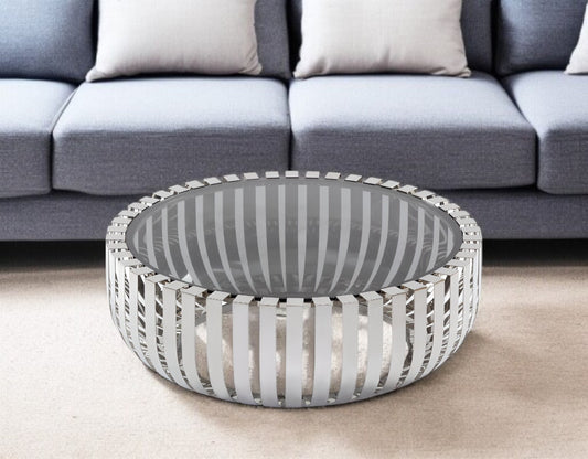 39" Clear and Silver Glass And Stainless Steel Round Abstract Coffee Table - Loft&Timber
