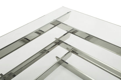 39" Clear and Silver Glass And Stainless Steel Square Sled Coffee Table With Shelf - Loft&Timber
