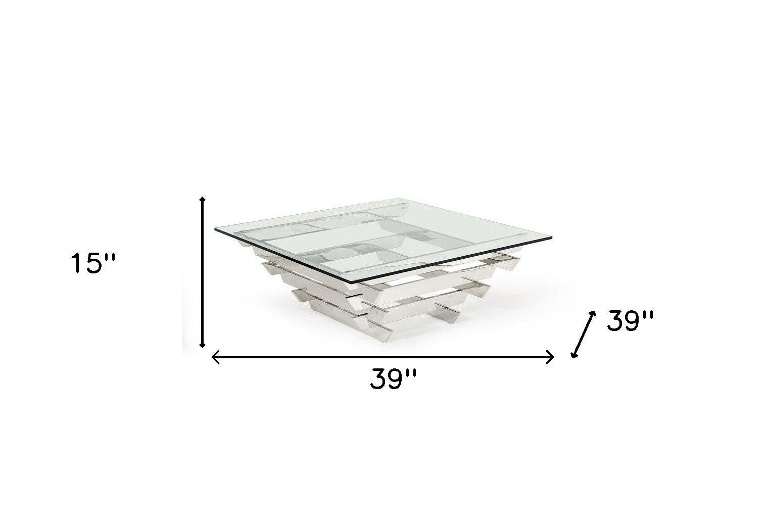 39" Clear and Silver Glass And Stainless Steel Square Sled Coffee Table With Shelf - Loft&Timber