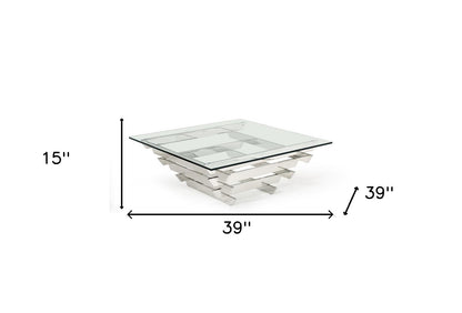 39" Clear and Silver Glass And Stainless Steel Square Sled Coffee Table With Shelf - Loft&Timber