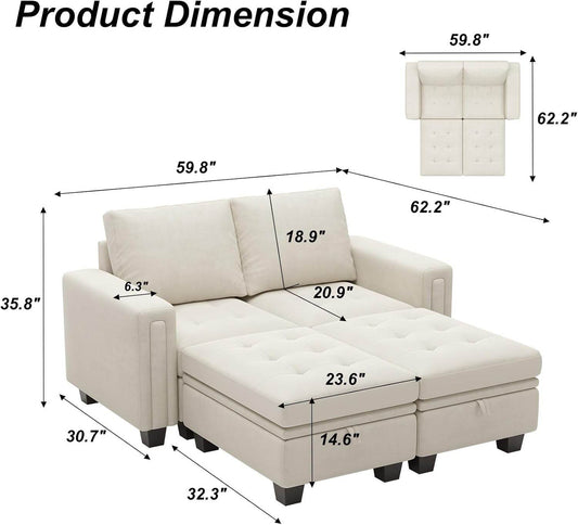Velvet Modular Sectional Sofa Couch with Storage Convertible Sectional Sleeper Sofa Couch Bed Set with Reversible Chaise Beige - Loft&Timber