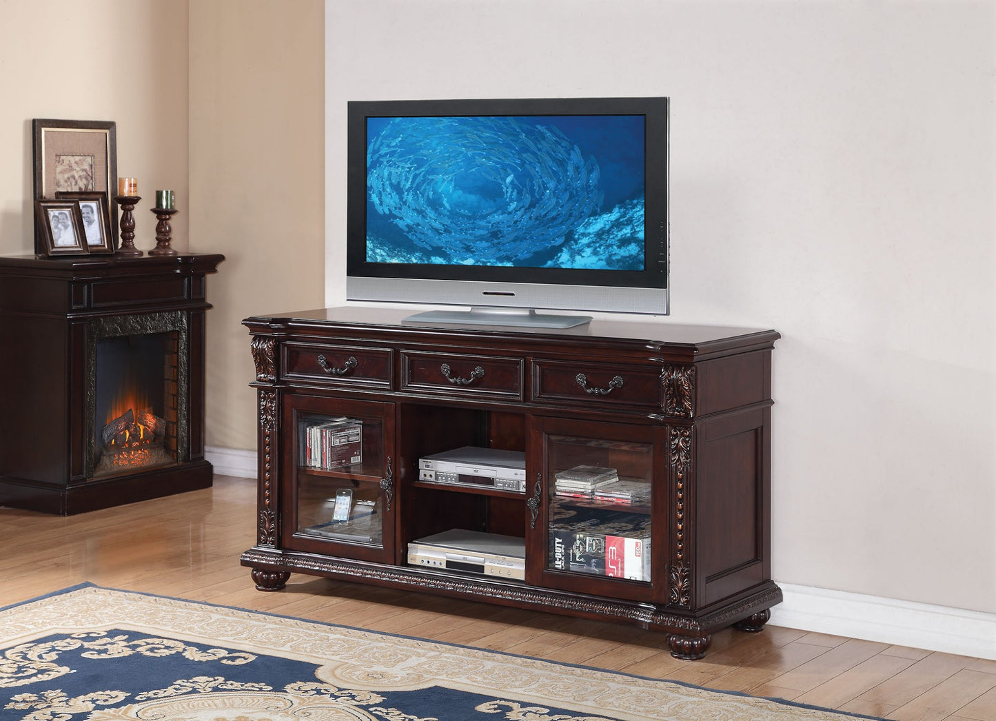 65" Dark Brown Solid Wood Enclosed and Open Storage TV Stand-4