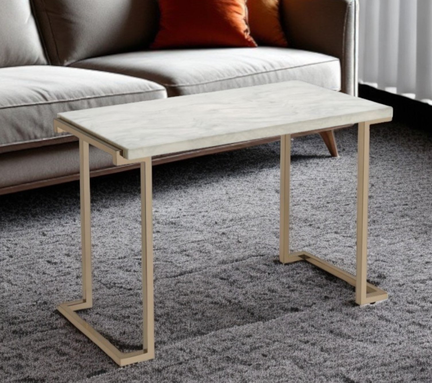 44" White and Gold Faux Marble And Iron Sled Coffee Table - Loft&Timber