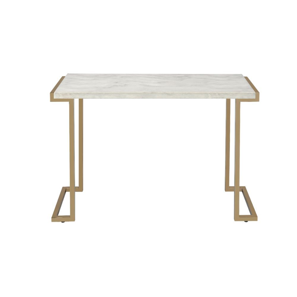 44" White and Gold Faux Marble And Iron Sled Coffee Table - Loft&Timber