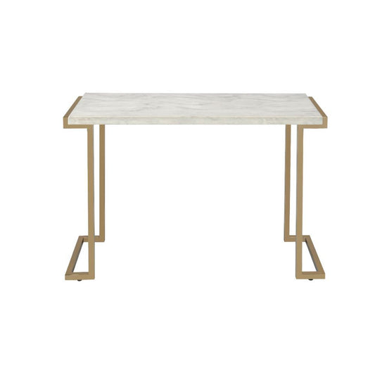 44" White and Gold Faux Marble And Iron Sled Coffee Table - Loft&Timber