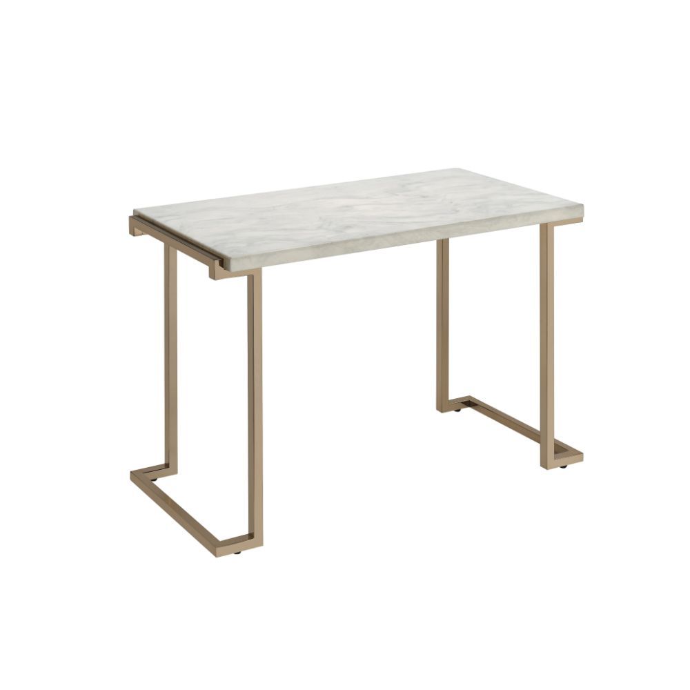 44" White and Gold Faux Marble And Iron Sled Coffee Table - Loft&Timber
