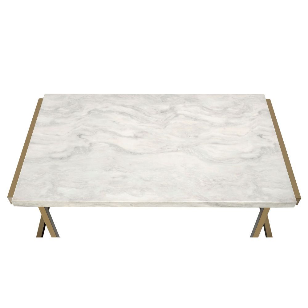44" White and Gold Faux Marble And Iron Sled Coffee Table - Loft&Timber