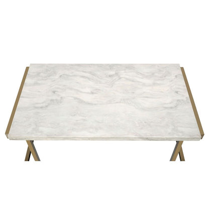 44" White and Gold Faux Marble And Iron Sled Coffee Table - Loft&Timber