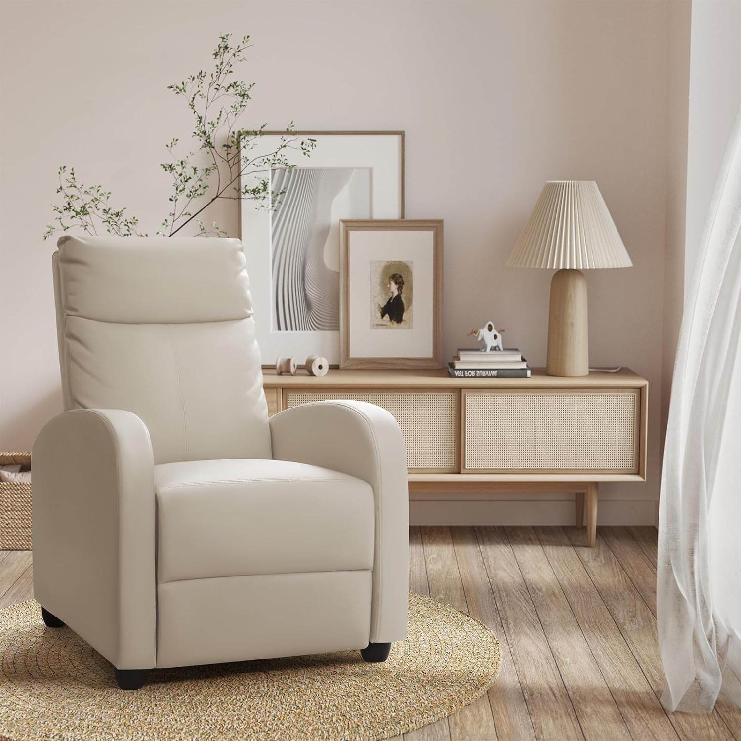 Recliner Chair, Recliner Sofa for Adults, Recliners Home Theater Seating with Lumbar Support, Reclining Sofa Chair for Living Room (Leather, Beige) - Loft&Timber