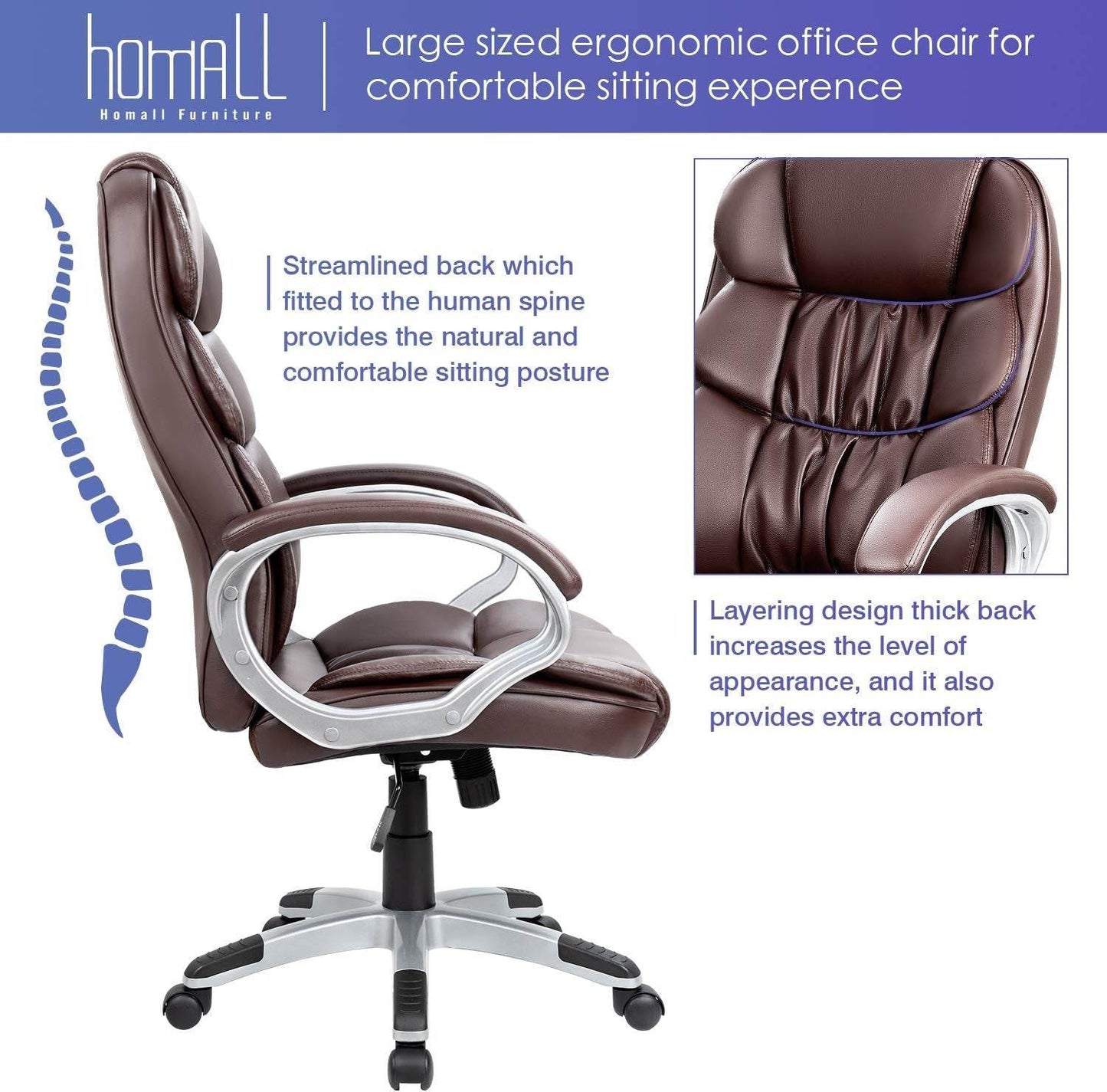 Office Chair with Swivel and Padded Armrests and Lumbar Support (Brown) - Loft&Timber