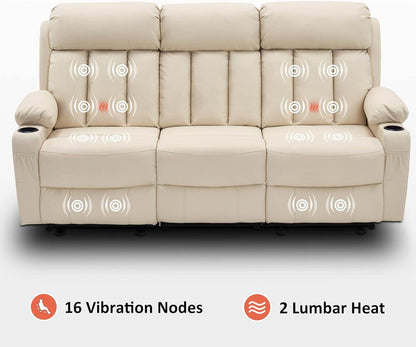 Power Reclining Sofa with Heat and Vibration,Usb Ports, Cup Holders,3-Seat Dual Recliner Sofa for Living Room 6077(Cream White, Reclining Sofa) - Loft&Timber