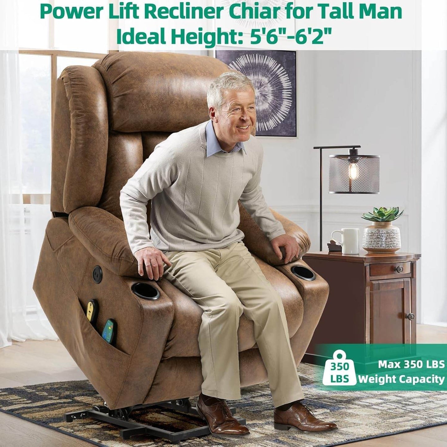 Tall Man Power Lift Recliner Massage, Heat, Extended Footrest - Loft&Timber