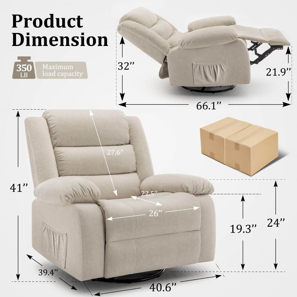 Recliner Chair, Wide Rocker Chair, Rocking Chair with Massage and Heat,360°Swivel Nursery Rocking Chairs, Oversized Recliner for Adults, Cashmere Reclining Sofa for Living Room, Beige - Loft&Timber