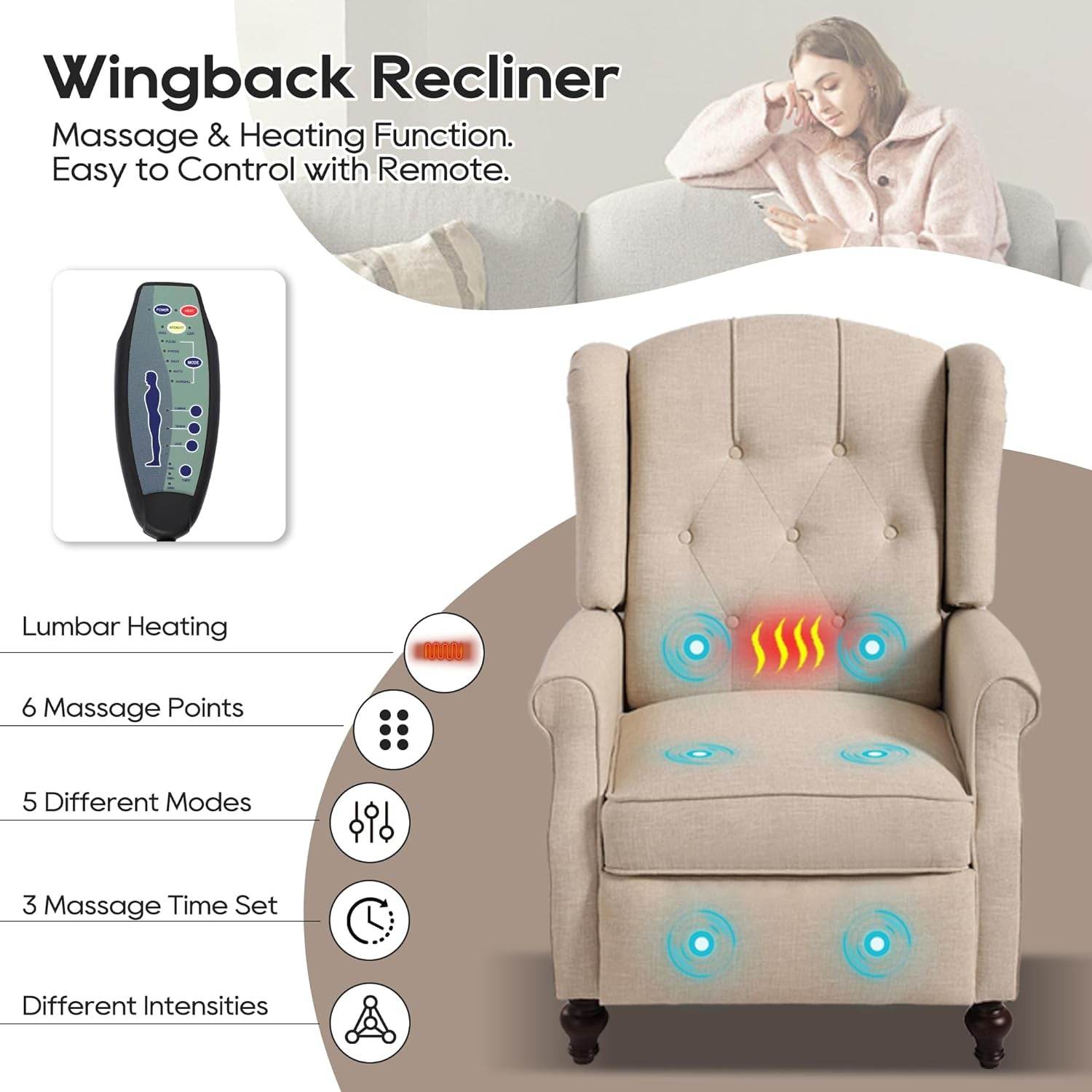 Wingback Recliner Chair with Massage and Heat, Tufted Fabric Push Back Recliner Chair for Living Room, Vintage Recliner Chair with Remote Control, Padded Cushion, Backrest, Wooden Legs - Loft&Timber