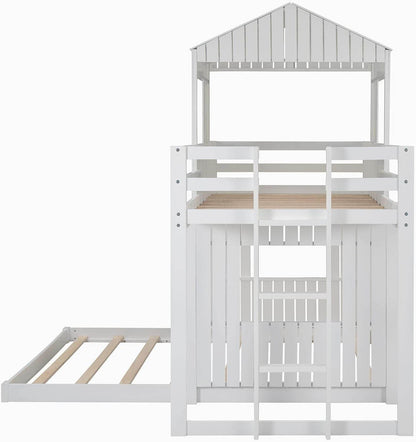 House Bunk Beds, Twin over Full Bunk Bed Wood Playhouse Bunkbed Low Bed Frame for Kids Toddlers Girls/Boys, White - Loft&Timber