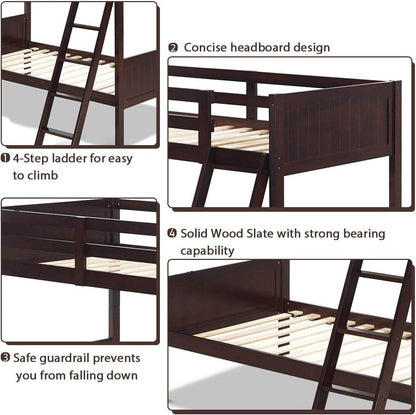 Wood Twin over Twin Bunk Beds Convertible 2 Individual Twin Beds for Kids Children, Solid Rubberwood Bunk Bed with Ladder and Safety Rail (Espresso) - Loft&Timber