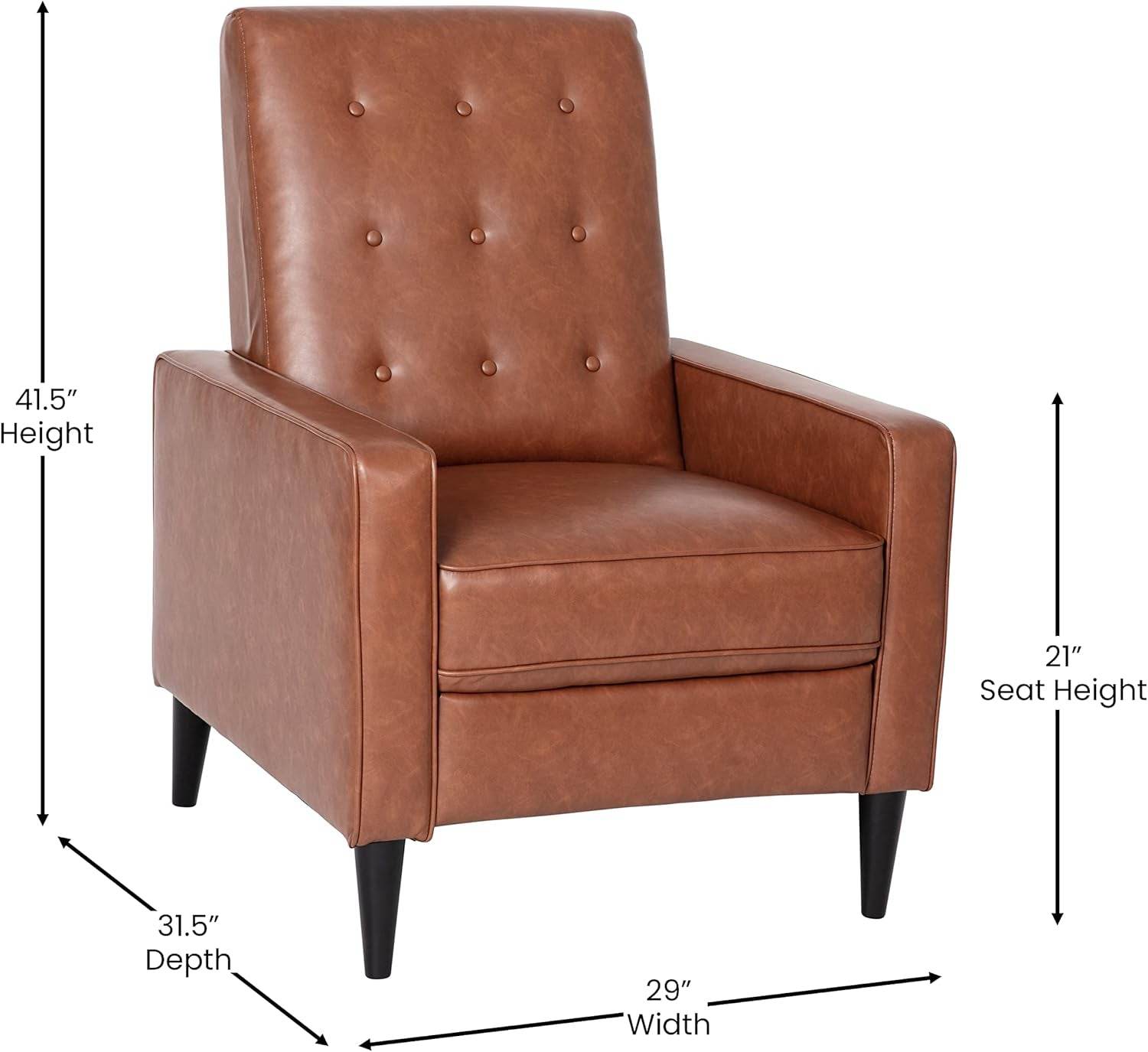 Erza Leathersoft Button Tufted Pushback Recliner, Mid-Century Modern Recliner Chair, Cognac Brown - Loft&Timber