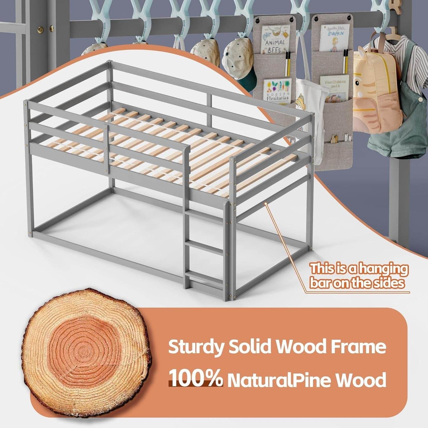 Low Bunk Bed Twin over Twin, Floor Bunk Bed with Ladder, Twin Bunk Bed with Full Guardrails, Wooden Bunk Bed for Juniors, Boys, Girls, Kids, Bedrooms (Grey) - Loft&Timber