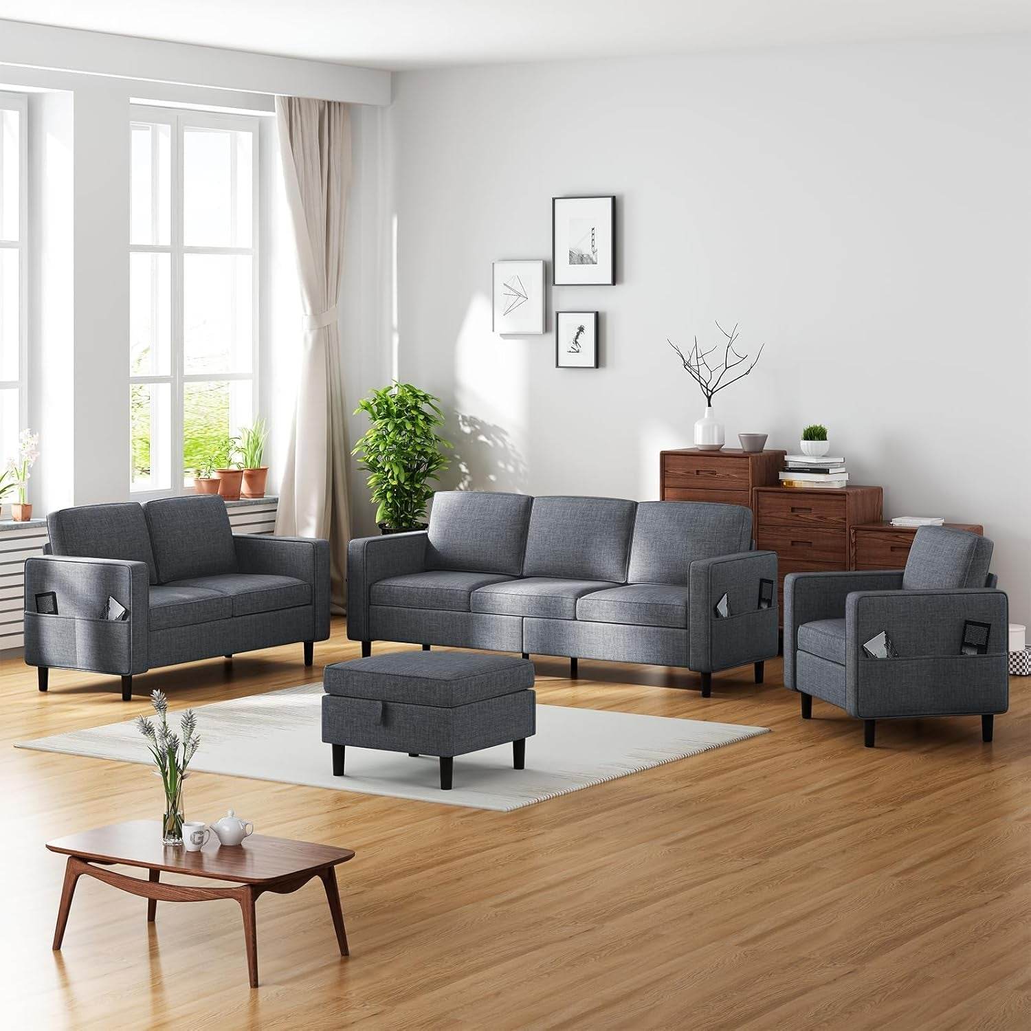 6 Seaters Sectional Upholstered Sofa, Linen Fabric Sofa Couch with Side Pockets, Free Combination Sofa Set with Movable Storage Ottoman, for Living Room-Sofa&Loveseat&Chair&Ottoman,Dark Grey - Loft&Timber