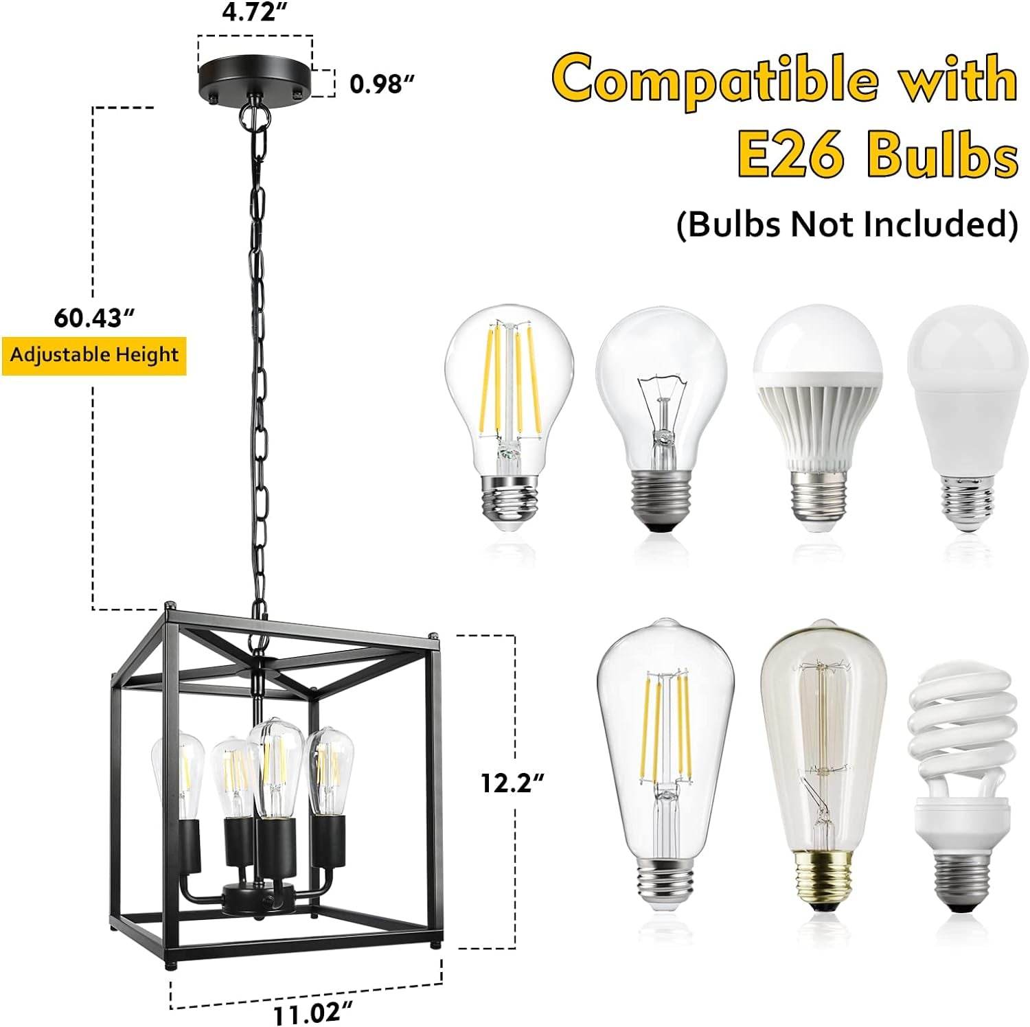 4-Light Black Farmhouse Chandelier, Iron Lantern Pendant Light Rustic Cage Adjustable Height, E26 Base Industrial Hanging Lights for Kitchen Island Dining Room Hallway Foyer Entryway - Loft&Timber