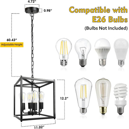 4-Light Black Farmhouse Chandelier, Iron Lantern Pendant Light Rustic Cage Adjustable Height, E26 Base Industrial Hanging Lights for Kitchen Island Dining Room Hallway Foyer Entryway - Loft&Timber